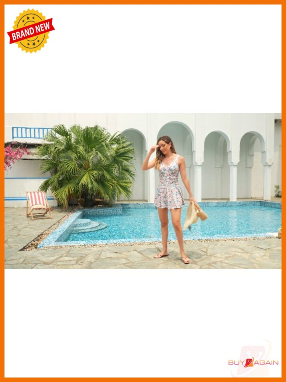 V-Neck Ruched One Piece Swimdress with Tummy Control and Shorts - Picture 5 of 5